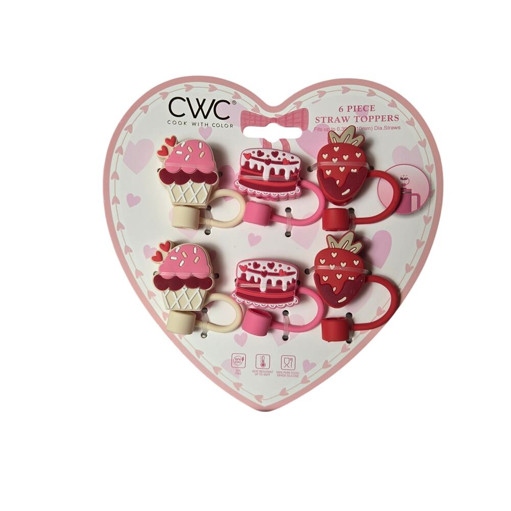 CWC Cook w/Color VALENTINE Straw Toppers Drink Cover 6pc NEW Food Cake Ice Cream